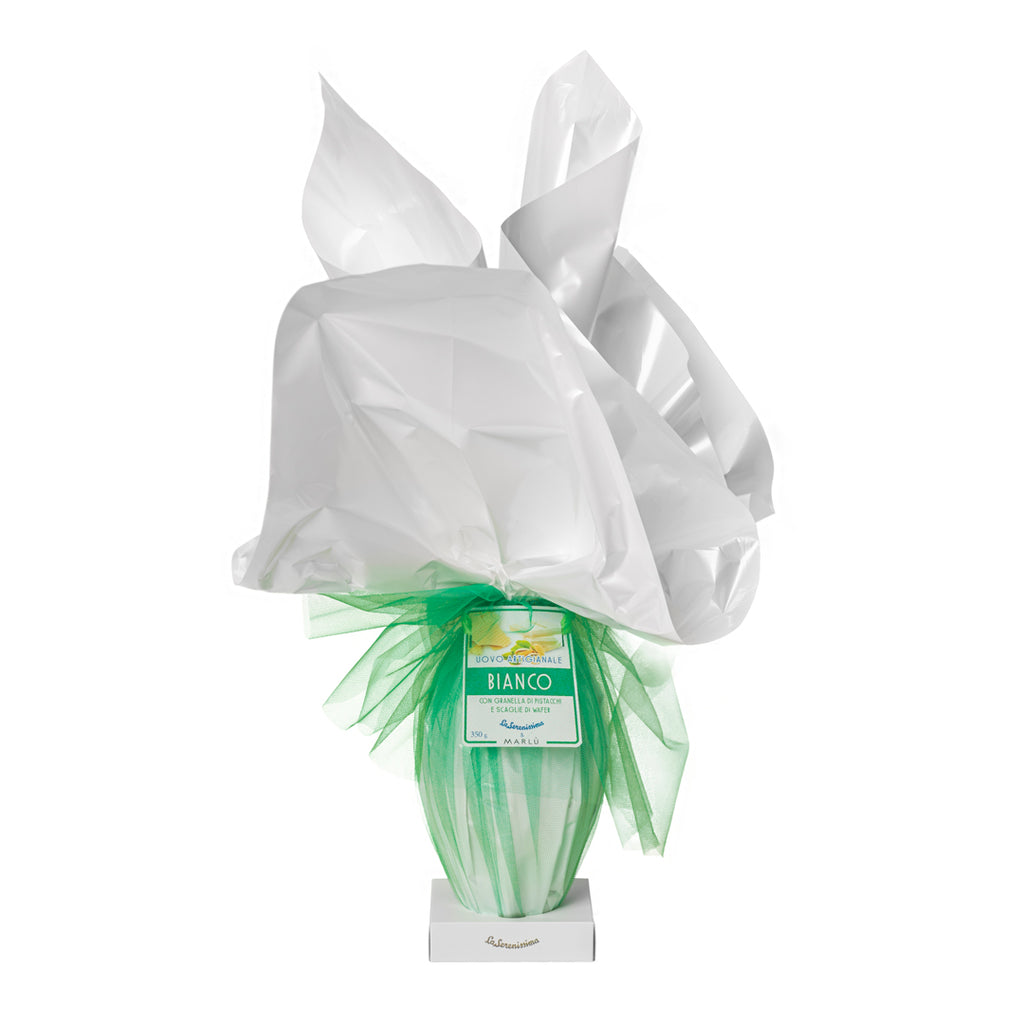 Uovo di Pasqua artigianale - cioccolato bianco, wafer e granella di pistacchio La Serenissima